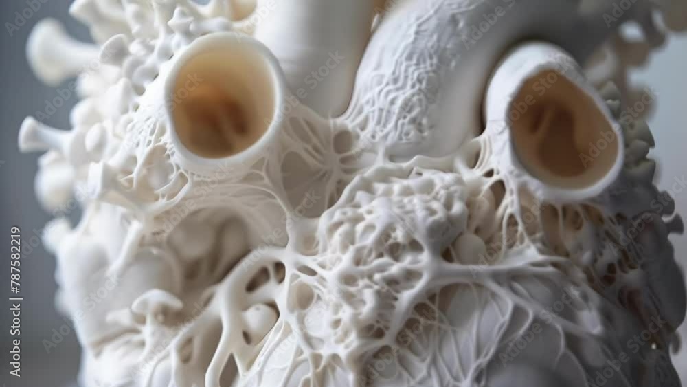 Poster a detailed closeup of a 3d printed model of a heart showing all the intricate structures and vessels