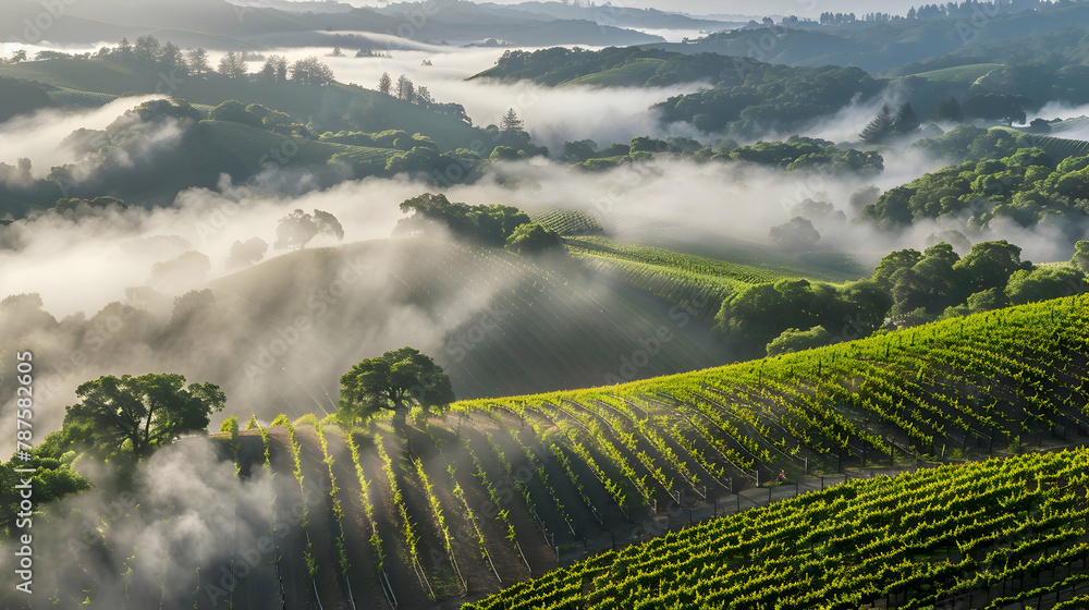 Wall mural Early morning fog weaving through a valley of vineyards, aerial photography to capture the layers of fog between rows from above