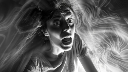 Terrified woman surrounded by thick fog, showing fear and desperation