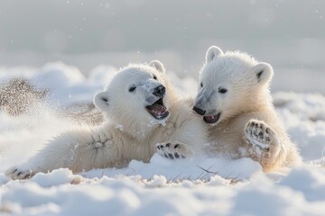 Playful polar bear cubs frolicking in the Arctic snow, Behold the heartwarming sight of polar bear cubs as they romp and tumble through the pristine white landscape of the Arctic