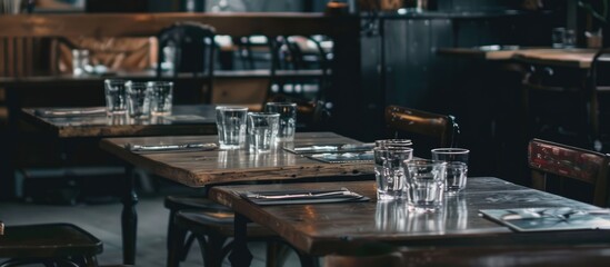 Restaurant tables with empty glasses placed on top