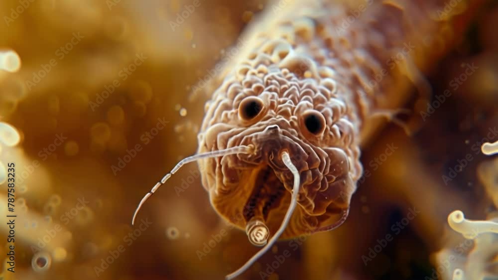 Poster a microscopic image of a hydra a tiny freshwater predator with its tentacles extended and ready to c
