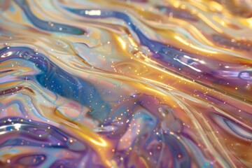 Swirling colors of paint create a glossy and smooth surface with a pearlescent sheen, evoking a sense of artistic fluidity.