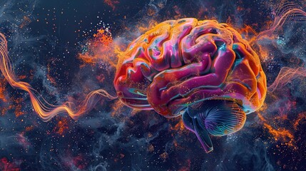 Colorful background with a digital depiction of a brain - obrazy, fototapety, plakaty