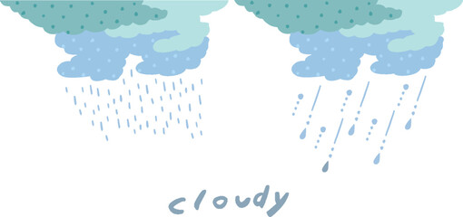 手描き風　雨と雨雲のシンプルな素材イラストセット