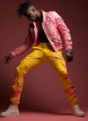 Fashionable man in vibrant pink jacket and yellow pants