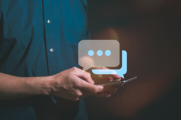 social online concept, man using smartphone chatting sending and reading text messages from internet network technology platform, social distancing, shopping, communication online