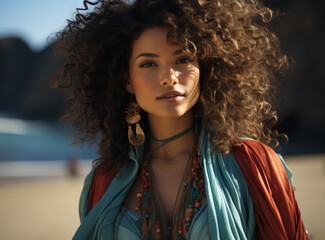 Serene woman with curly hair enjoying coastal vibes