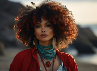 Elegant woman with afro hairstyle at sunset by the sea