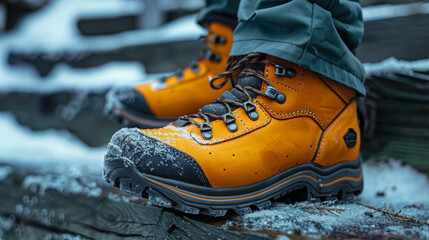 Close-up of robust yellow hiking boots on a snowy wooden deck, indicating winter outdoor activities.