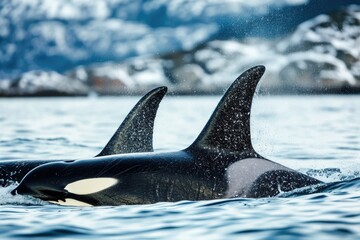 Sleek and powerful orcas gracefully navigate the open sea in cohesive pods, their streamlined...