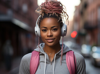 Young woman enjoying music in the city with headphones