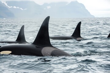 Sleek and powerful orcas gracefully navigate the open sea in cohesive pods, their streamlined bodies slicing through the water with effortless precision.