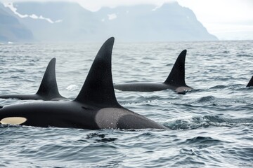Fototapeta premium Sleek and powerful orcas gracefully navigate the open sea in cohesive pods, their streamlined bodies slicing through the water with effortless precision.