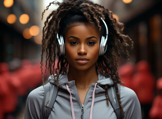 Confident young woman with headphones in urban setting