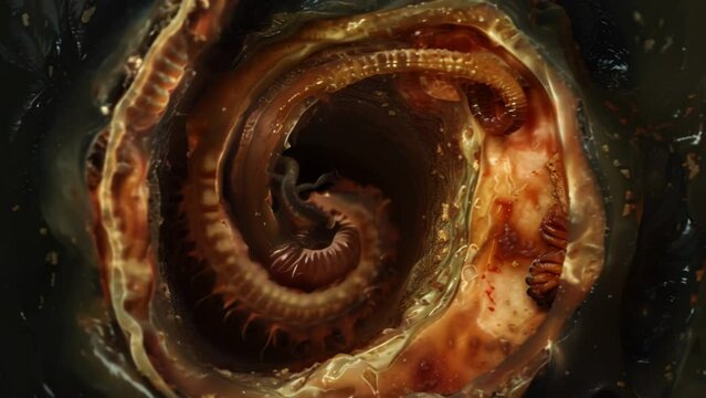 A crosssection of a cats stomach revealing the presence of a large writhing tapeworm inside. . AI generation.