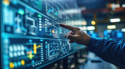 working hands of controller with data base from Scada system on computer screen.