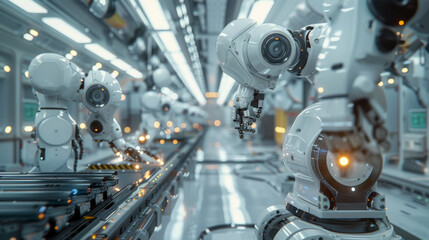 Fototapeta premium A row of automated robotic arms performing tasks on a production line in a high-tech manufacturing facility.
