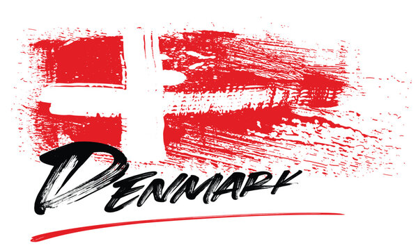 Denmark flag. Hand drawn red and white brush strokes. Vector illustration isolated on white background. Danish flag colorful logo, Denmark colorful brush strokes painted national icon