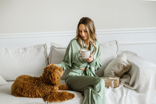 A Beautiful young woman with a golden brown labradoodle dog in living room at home , morning coffee. Cute Family puppy and girl play at home, decorated interior on holidays..