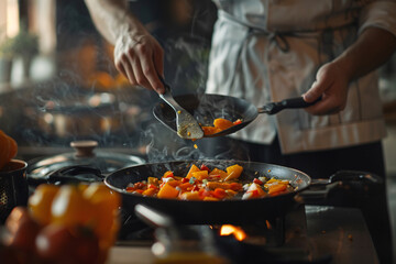 Chef preparing meals with various cooking methods in the kitchen and on the grill
