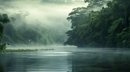 Amazon river surrounded by green forest with fog