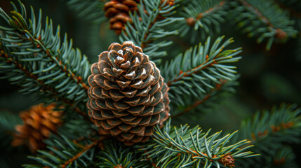 Detailed macro shot of a brown pine cone nestled among vibrant green spruce needles, hinting at winter.