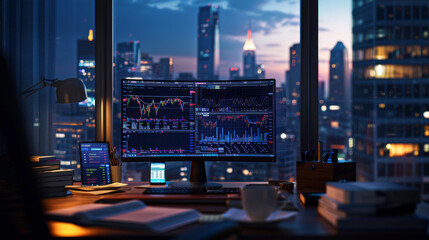 Modern trading desk setup with multiple computer monitors displaying financial charts in an office with cityscape view at night.