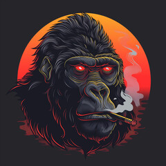 illustration, ferocious gorilla head on with smoke , on black background 