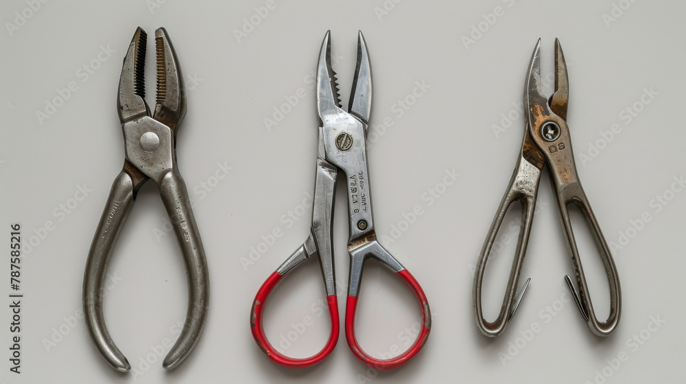 Poster three different types of well-used tools: pliers and scissors with red handles, isolated on white.