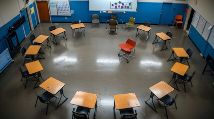 An overhead shot of an empty classroom with desks organized in a circular formation around a central whiteboard.