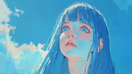 Girl light blue hair Japanese wind sunshine cloud heaven smile vital poster design wallpaper anime shojo bishoujo genki energetic vibrant cheerful kawaii dreamy ethereal adorable joyful lively