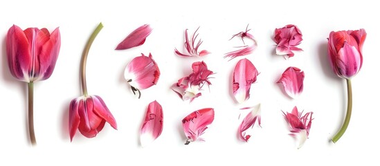 A creatively arranged disassembled pink tulip captured in an artistic studio setting against a white background, representing the vibrant essence of spring.