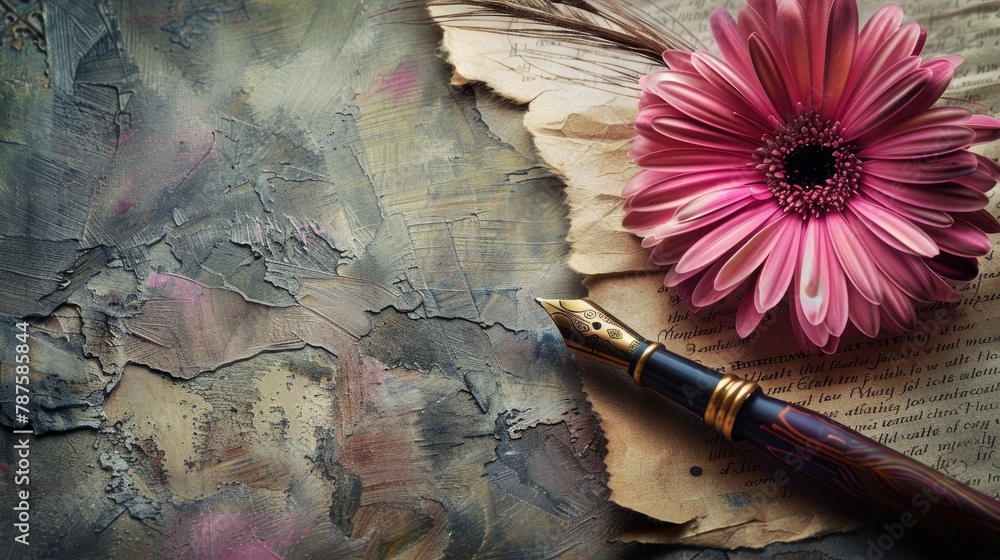 Aufkleber message wishing a joyful journey with a flower and writing tool