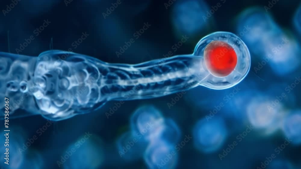 Poster a closeup of a single euglenoid cell revealing its red eyespot at one end and a long undulating flag