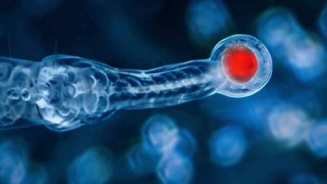 A closeup of a single Euglenoid cell revealing its red eyespot at one end and a long undulating flagellum at the other used for navigation . AI generation.