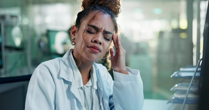 Science, laboratory and woman with headache, stress and deadline burnout and overworked. Pain, doctor and scientist with migraine, tired and frustrated with professional crisis for medical research