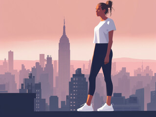 An illustration of a woman standing before a city skyline at dusk.