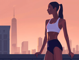 Illustration of a woman in sportswear in front of a city skyline at dusk.
