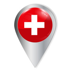 Vector illustration. Glossy button with highlights and shadows. Geographic location icon. Flag of the Switzerland. User interface element. Set of souvenir countries.
