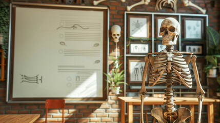 A classroom with a miniature model of the human skeleton, an empty whiteboard, and anatomy posters.