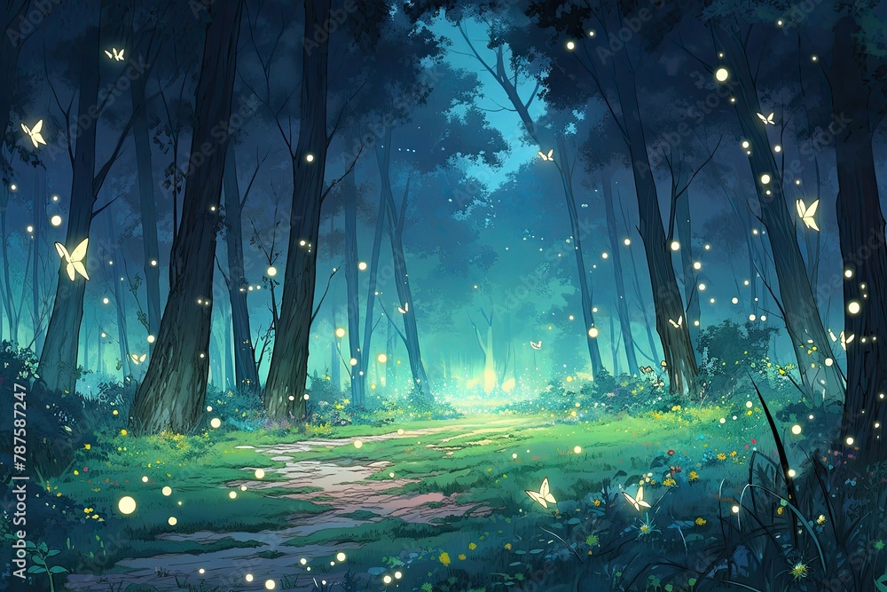 Aufkleber a dense forest with numerous trees glowing with fireflies, creating a mesmerizing natural spectacle 