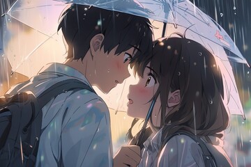 A boy and a girl standing together under an umbrella, sheltering from the rain. Generative AI