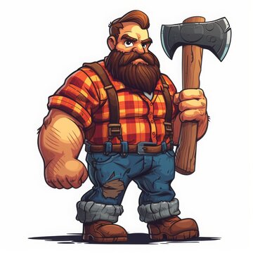 lumberjack with ax with cartoon muscular muscles on a solid white background character vector illustration