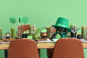 Festive table serving with leprechaun's hat and decorations for St. Patrick's Day celebration