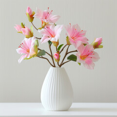 A delicate arrangement of pink Alstroemeria flowers presented in an elegant white vase on a neutral background.