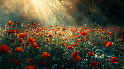 a real photo summer meadow with red poppies