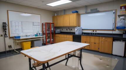 A classroom with a science experiment table, an empty whiteboard, and safety equipment stored in cabinets.