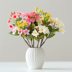 Vibrant pink and white plumeria flowers arranged in an elegant white vase against a neutral background.