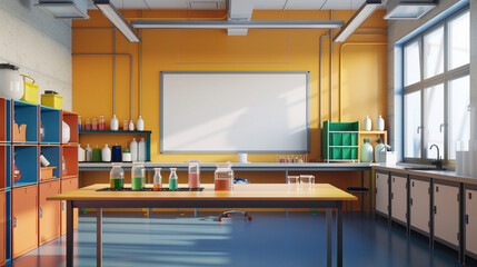 A classroom with a science experiment table, an empty whiteboard, and safety equipment stored in cabinets.